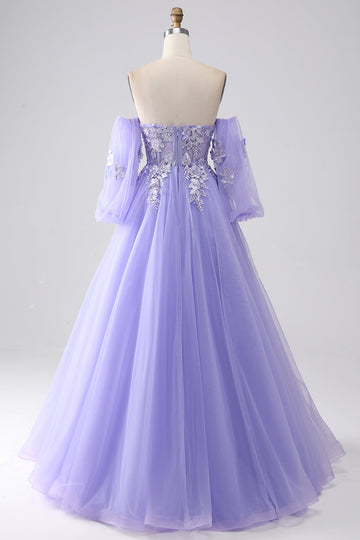 Lavanda A-Line senza spalline Tulle lungo abito da ballo con maniche